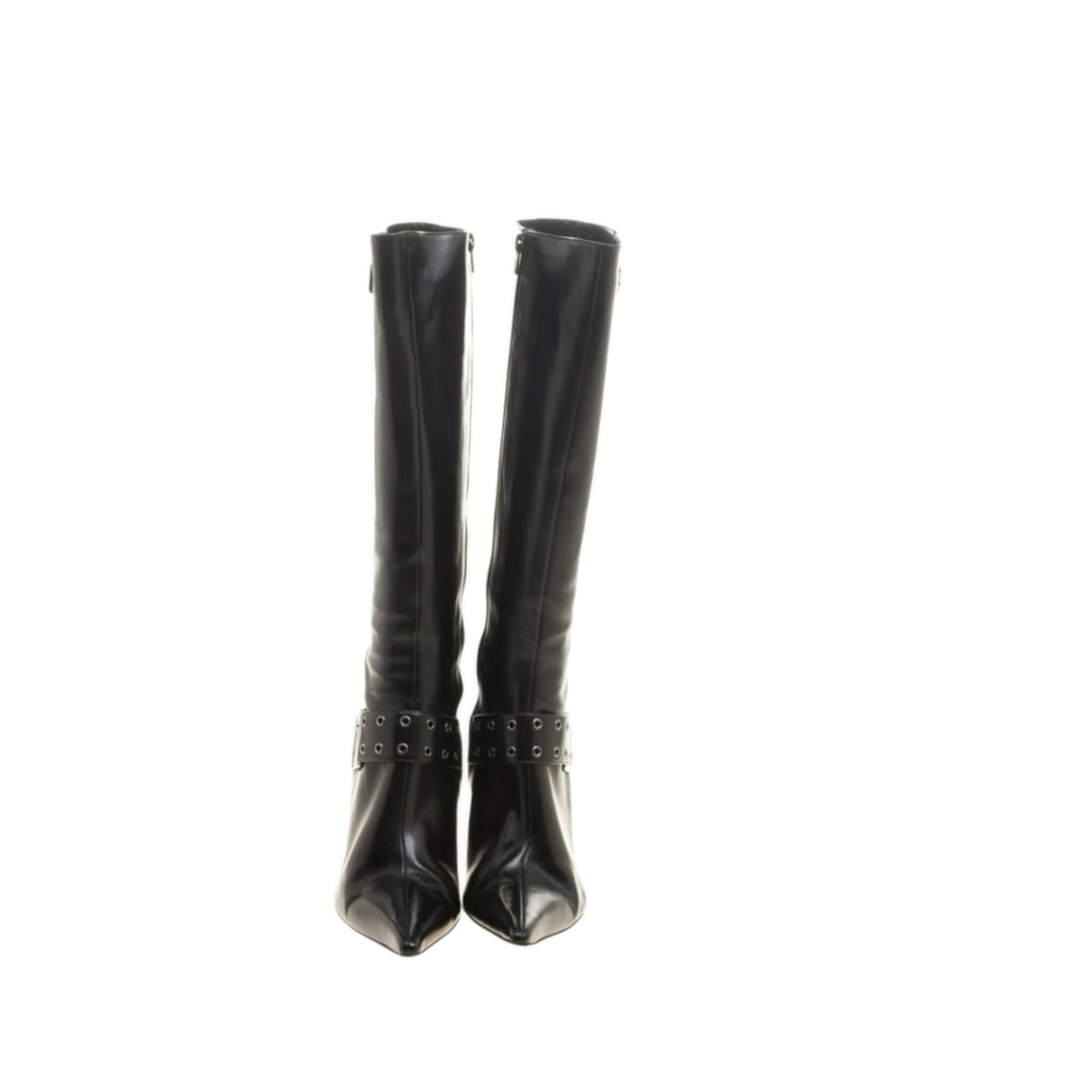 Fivedotsvintage black leather knee-high boots with pointed toes, stiletto heels, and buckled ankle strap details.
