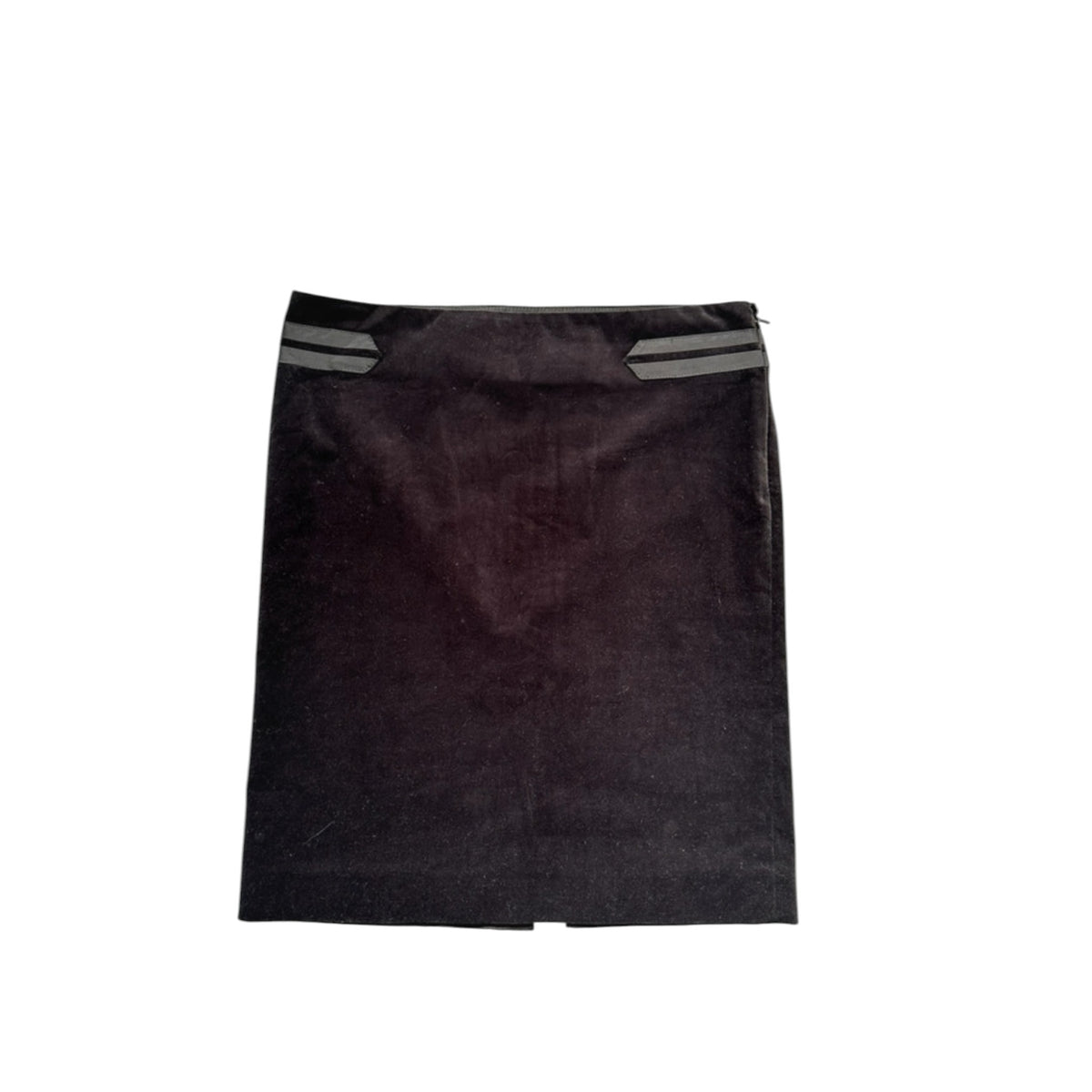 Fivedotsvintage black velvet pencil skirt with structured ribbon trim detailing and a sleek tailored silhouette.