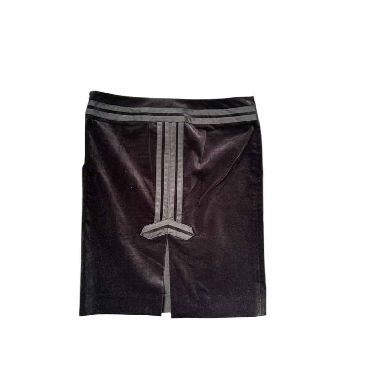 Fivedotsvintage black velvet pencil skirt with structured ribbon trim detailing and a back vent