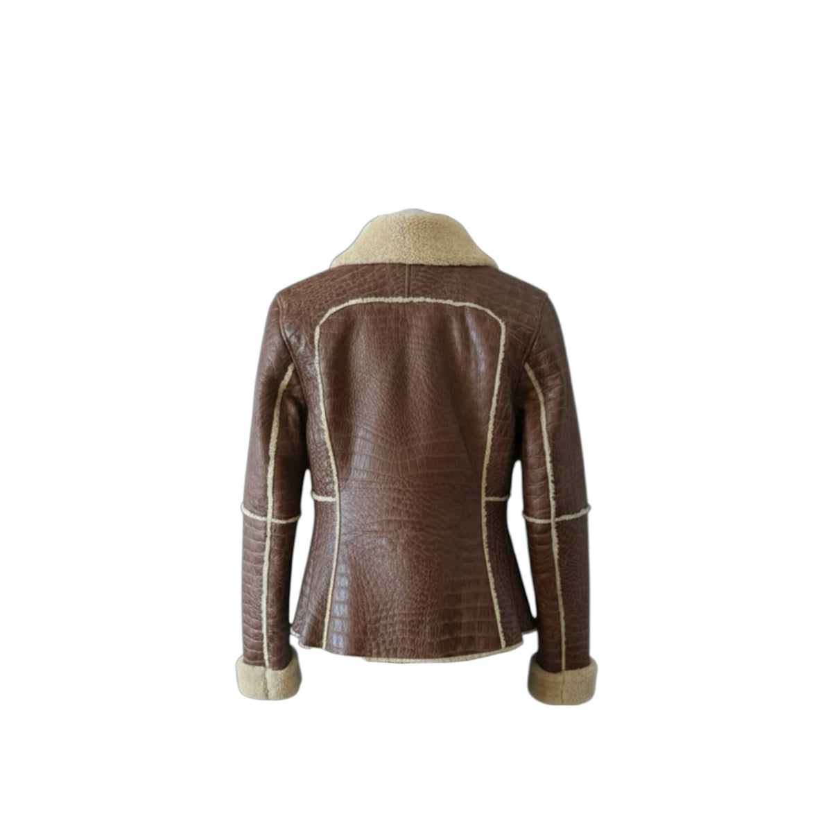 Fivedotsvintage brown crocodile-embossed leather jacket with cream shearling collar and cuffs, back view.