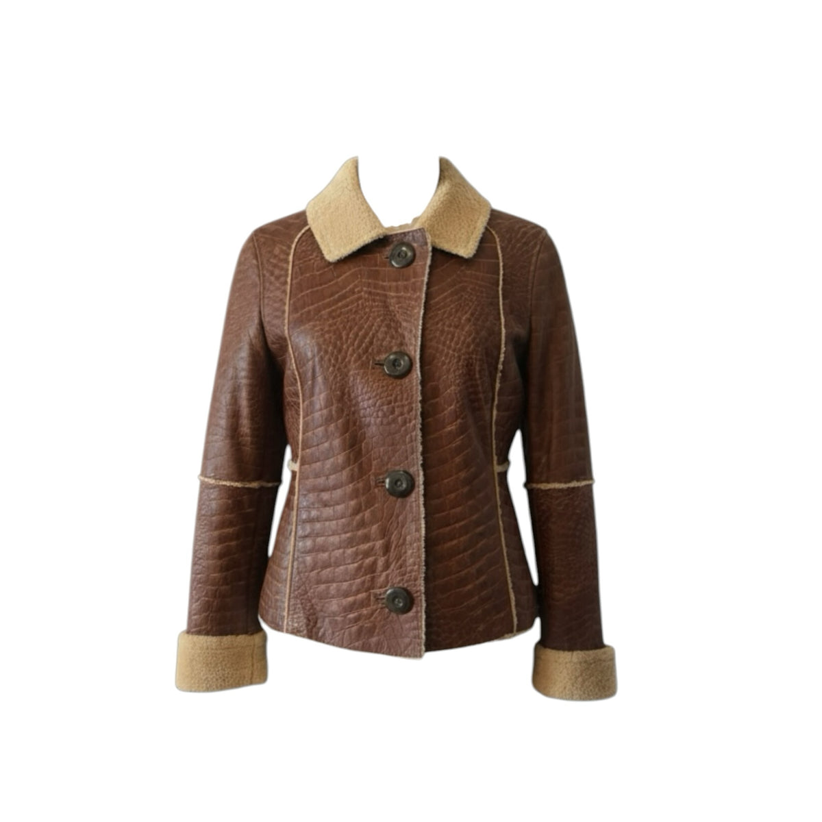 Fivedotsvintage brown crocodile-embossed leather jacket with cream shearling collar and cuffs and button closure