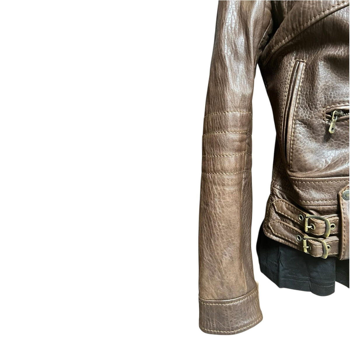 Fivedotsvintage brown textured leather biker jacket with side waist buckles and zippered pocket detail