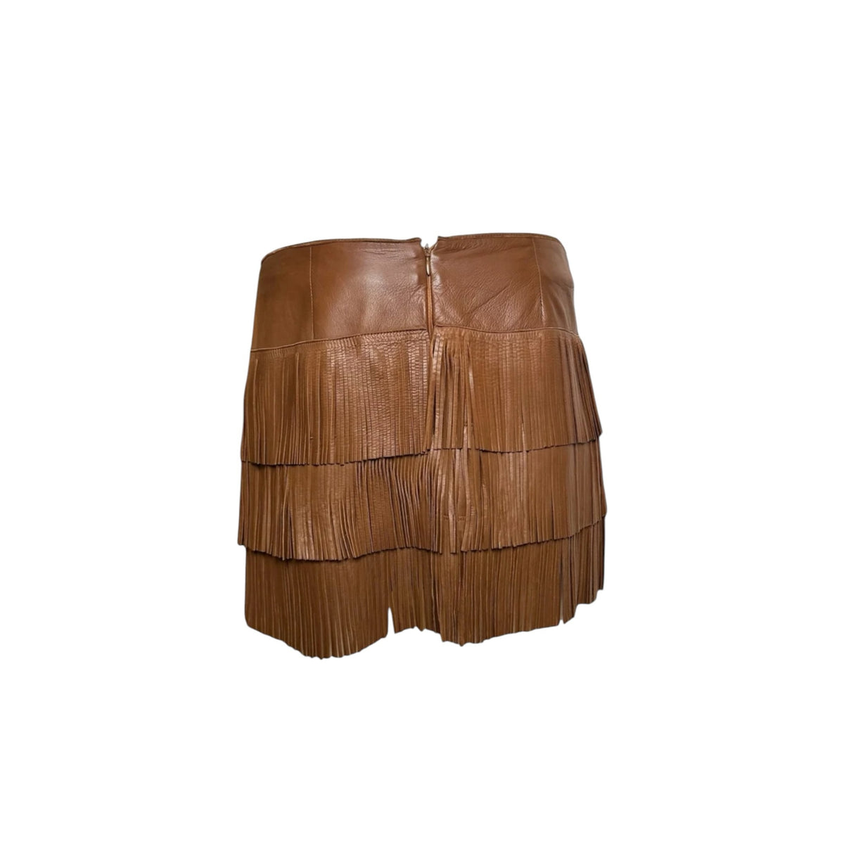 Fivedotsvintage brown leather mini skirt with tiered fringe detail and back zip closure