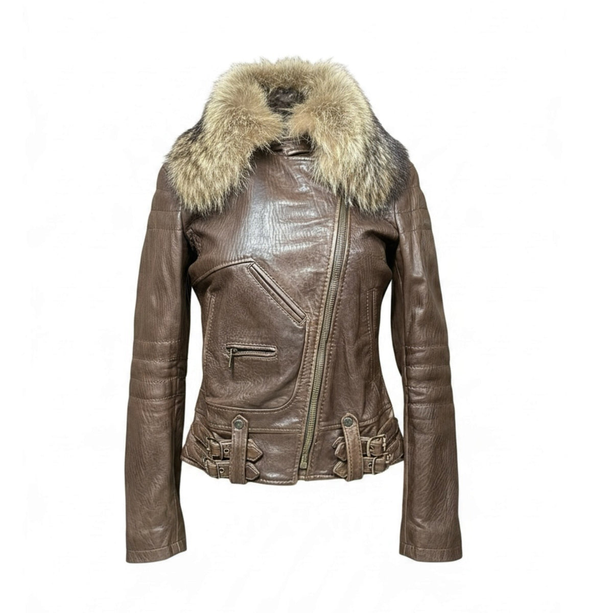Fivedotsvintage brown leather biker jacket with a fluffy faux fur collar, asymmetrical zip, and side waist buckles.