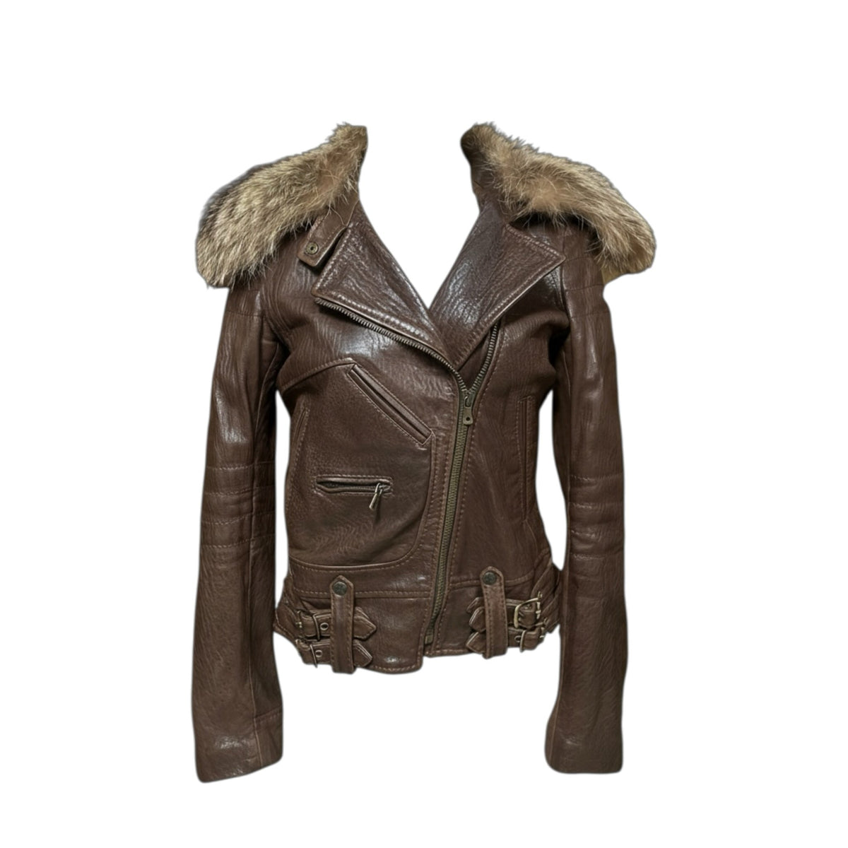 Fivedotsvintage brown leather biker jacket with a faux fur collar, asymmetrical zip, and adjustable waist buckles.