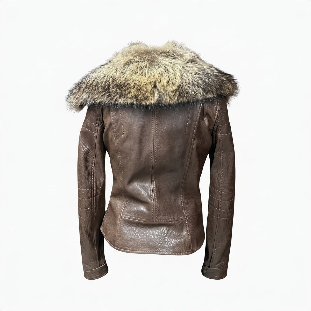 Back view of a Fivedotsvintage brown leather biker jacket featuring a luxurious faux fur collar and textured finish.