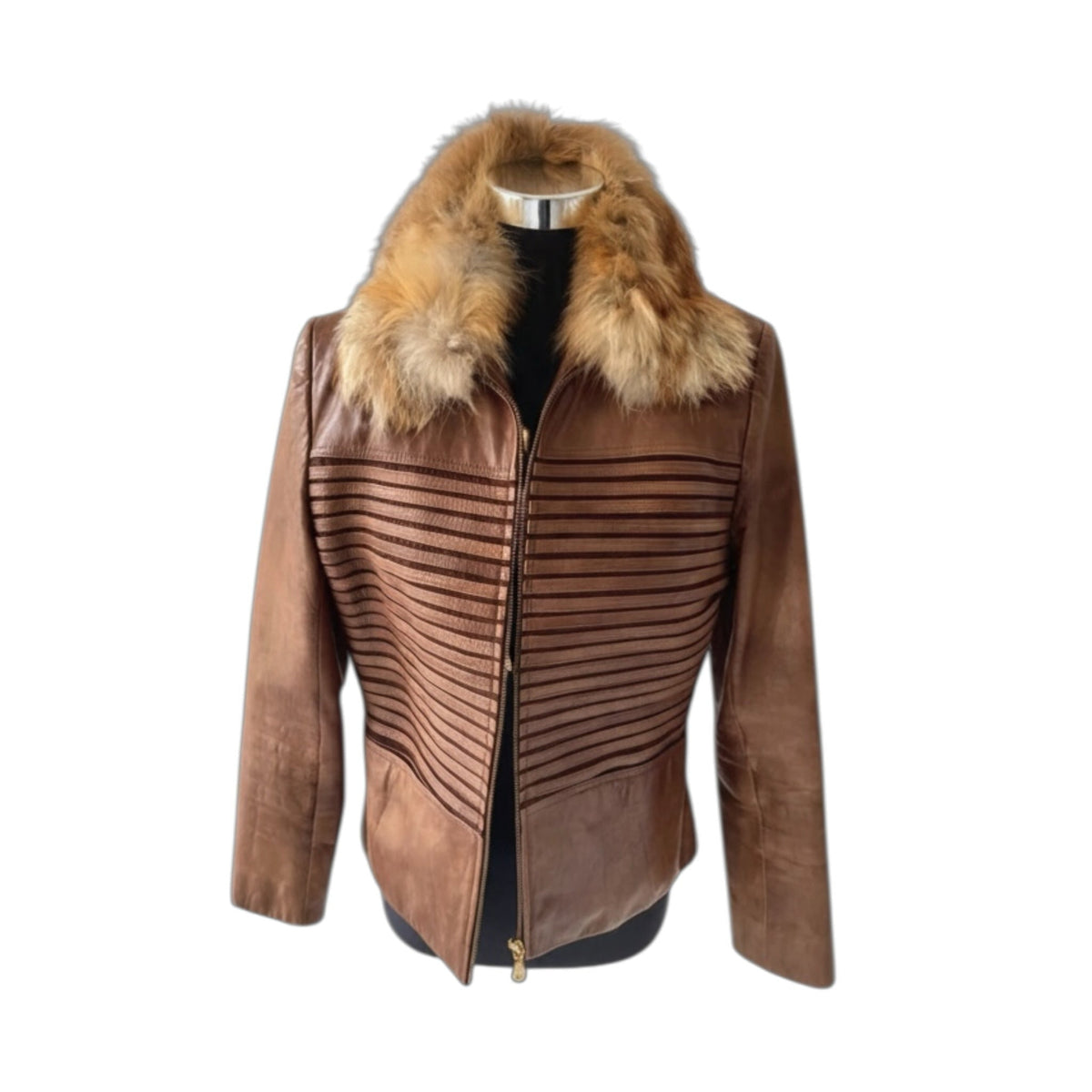 Fivedotsvintage brown goat nappa leather jacket with a plush fur collar and horizontal ribbed front panel detailing.