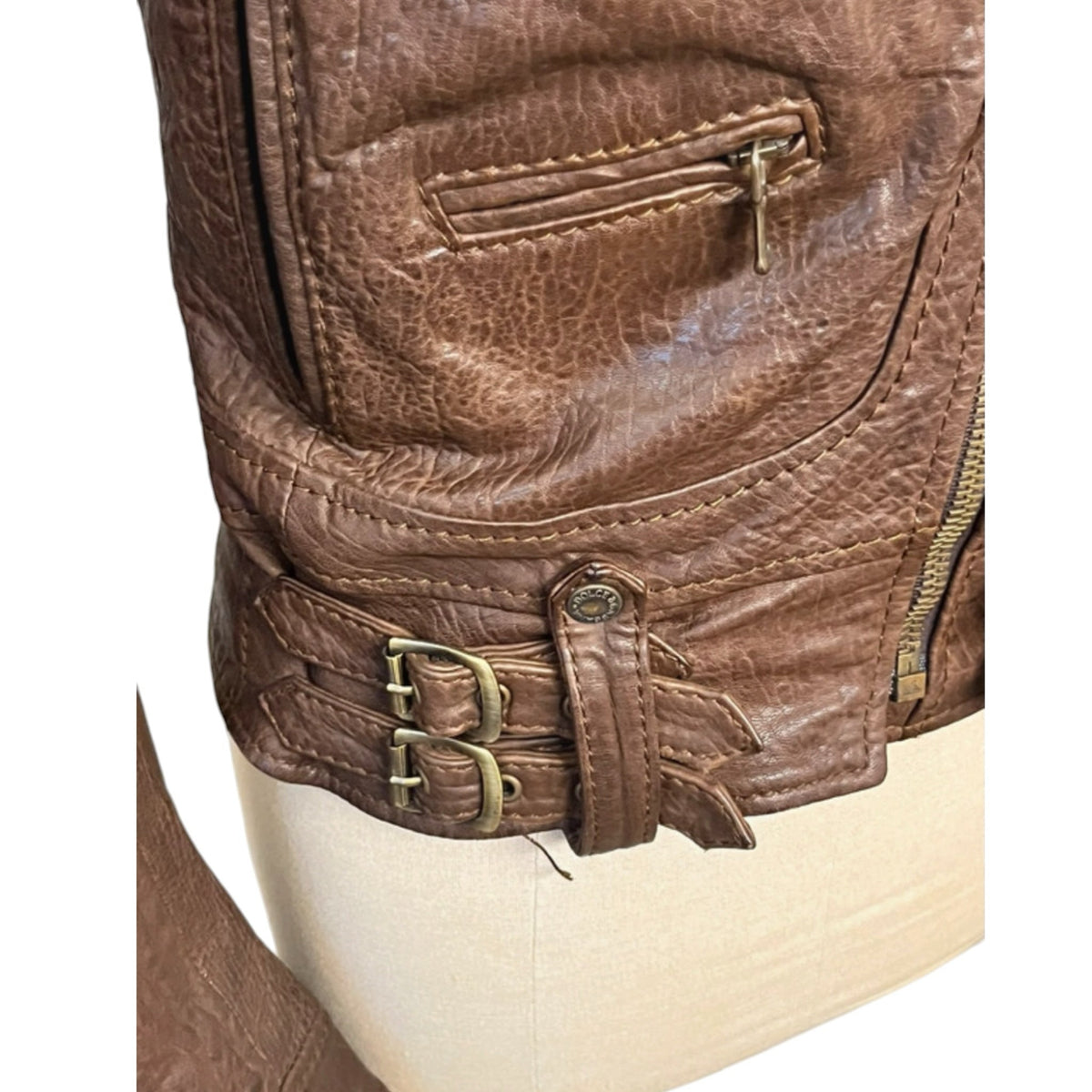 Fivedotsvintage brown textured leather biker jacket with side waist buckles and zippered pocket detail
