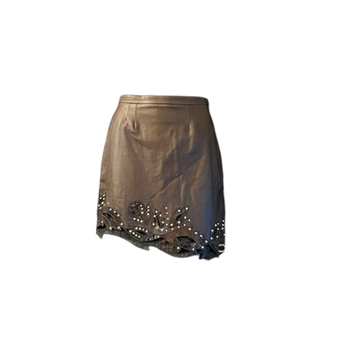 Fivedotsvintage dark brown lambskin leather mini skirt with scalloped hem, python-embossed overlays, and metallic studs
