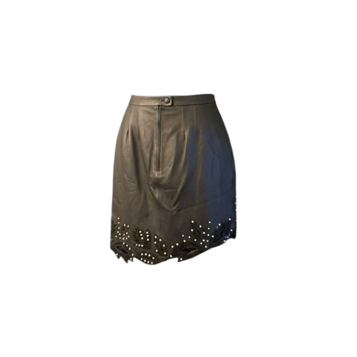 Fivedotsvintage dark brown lambskin leather mini skirt with a scalloped hem, python-embossed details, and metal studs.