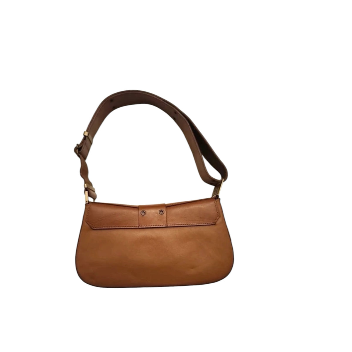 Fivedotsvintage brown leather shoulder bag with an adjustable strap and front buckle closure in a vintage style.