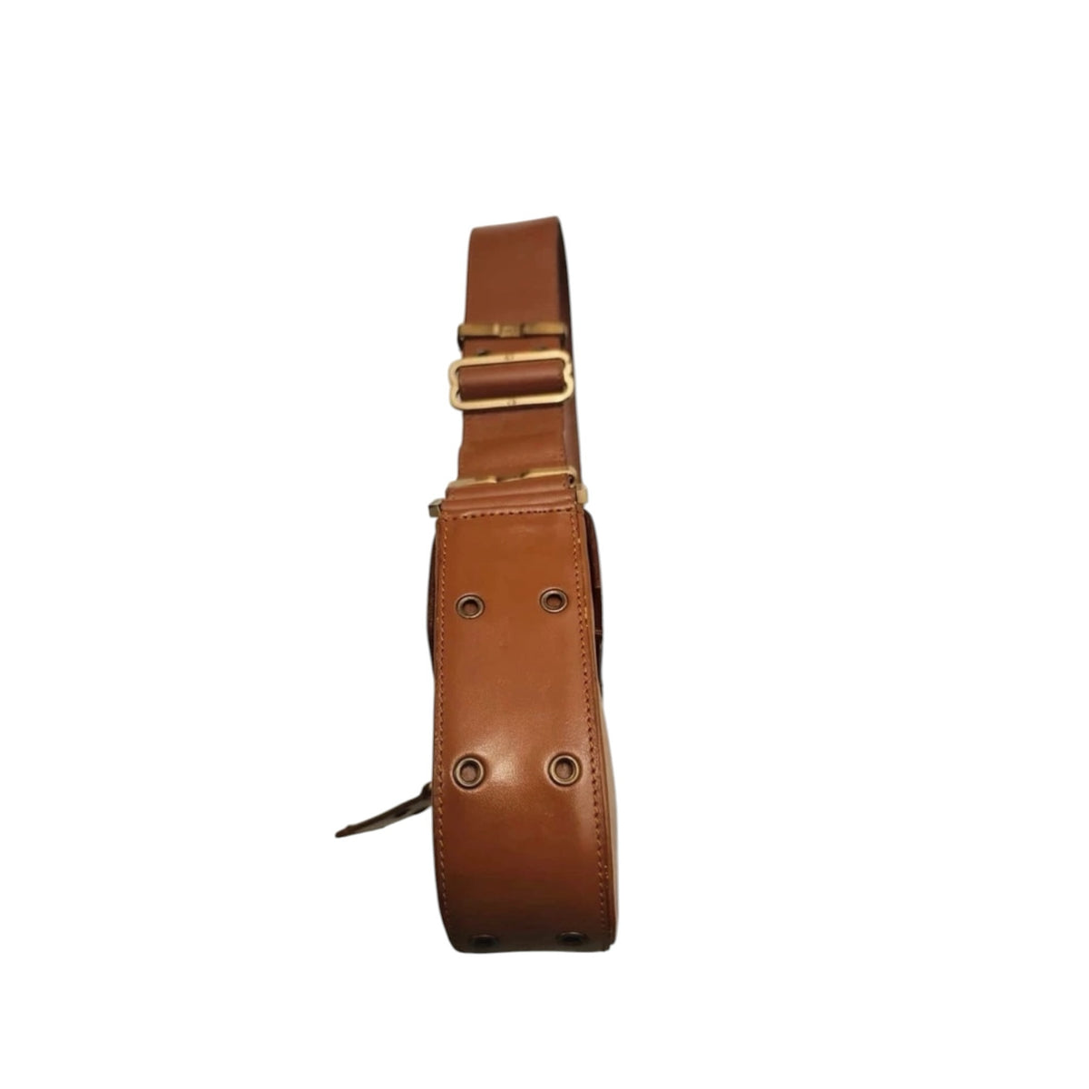 Fivedotsvintage brown leather shoulder bag with adjustable strap and metallic hardware details, side view.