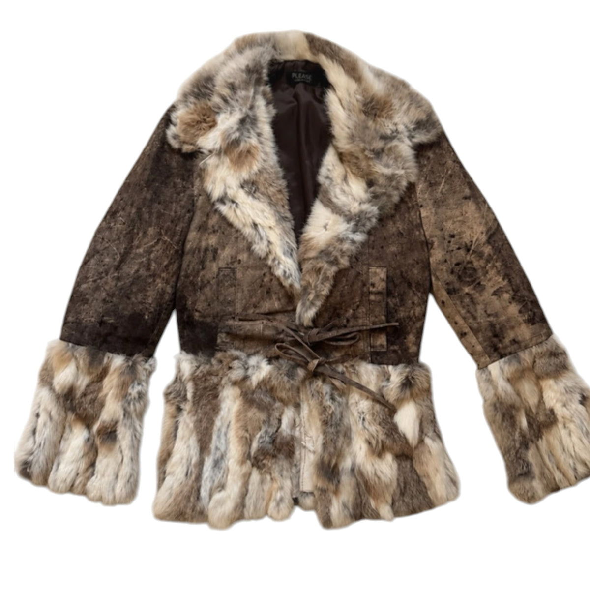 Fivedotsvintage brown suede jacket with plush faux fur trim on the oversized collar and cuffs and a tie-front waist.