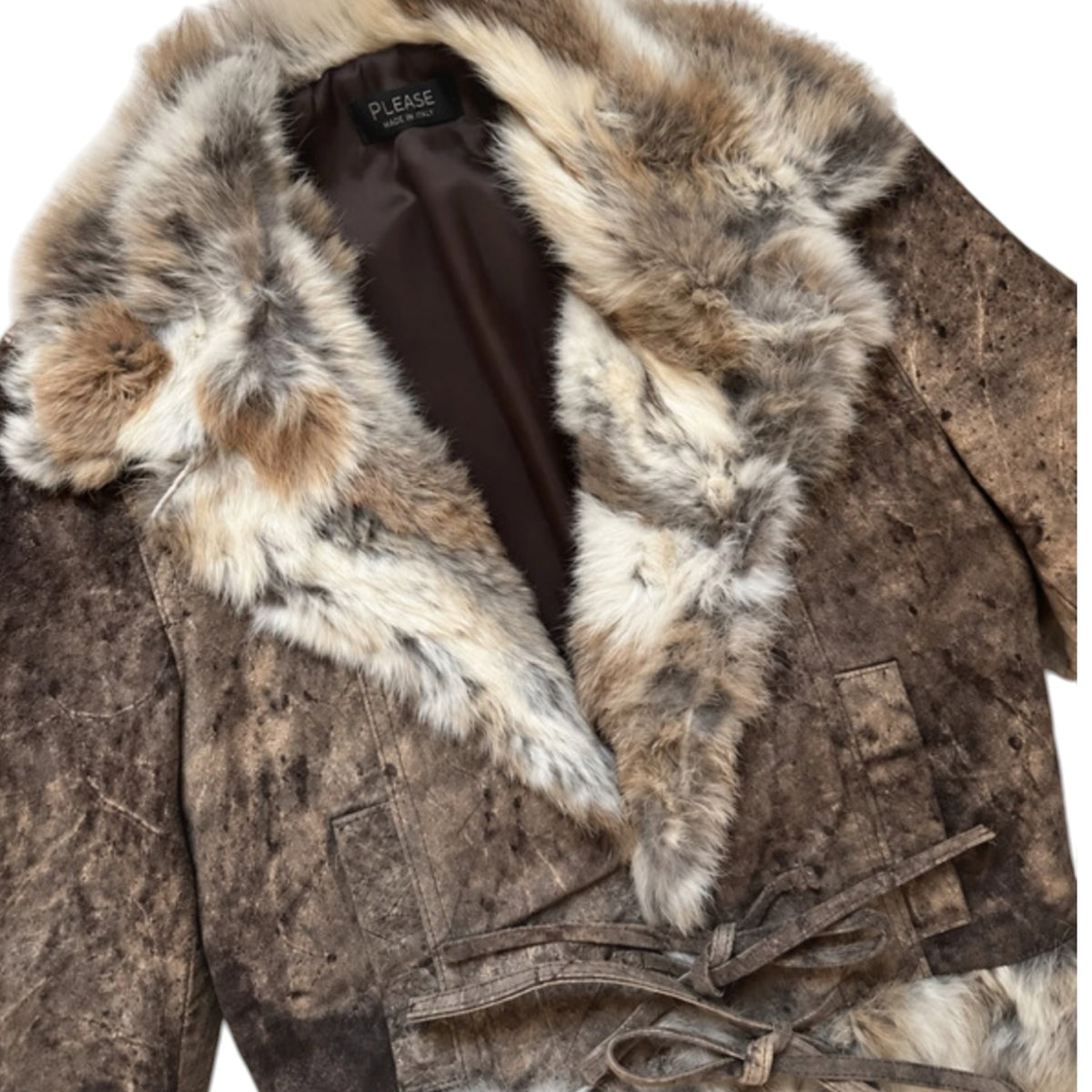 Fivedotsvintage brown suede jacket with plush faux fur collar and tie-front detail in a vintage-inspired style.