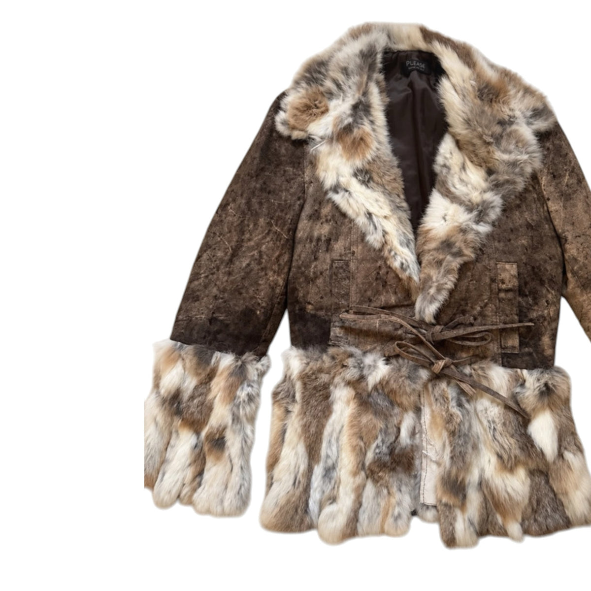 Fivedotsvintage brown suede jacket with plush faux fur trim on collar and cuffs and a tie-front waist closure.
