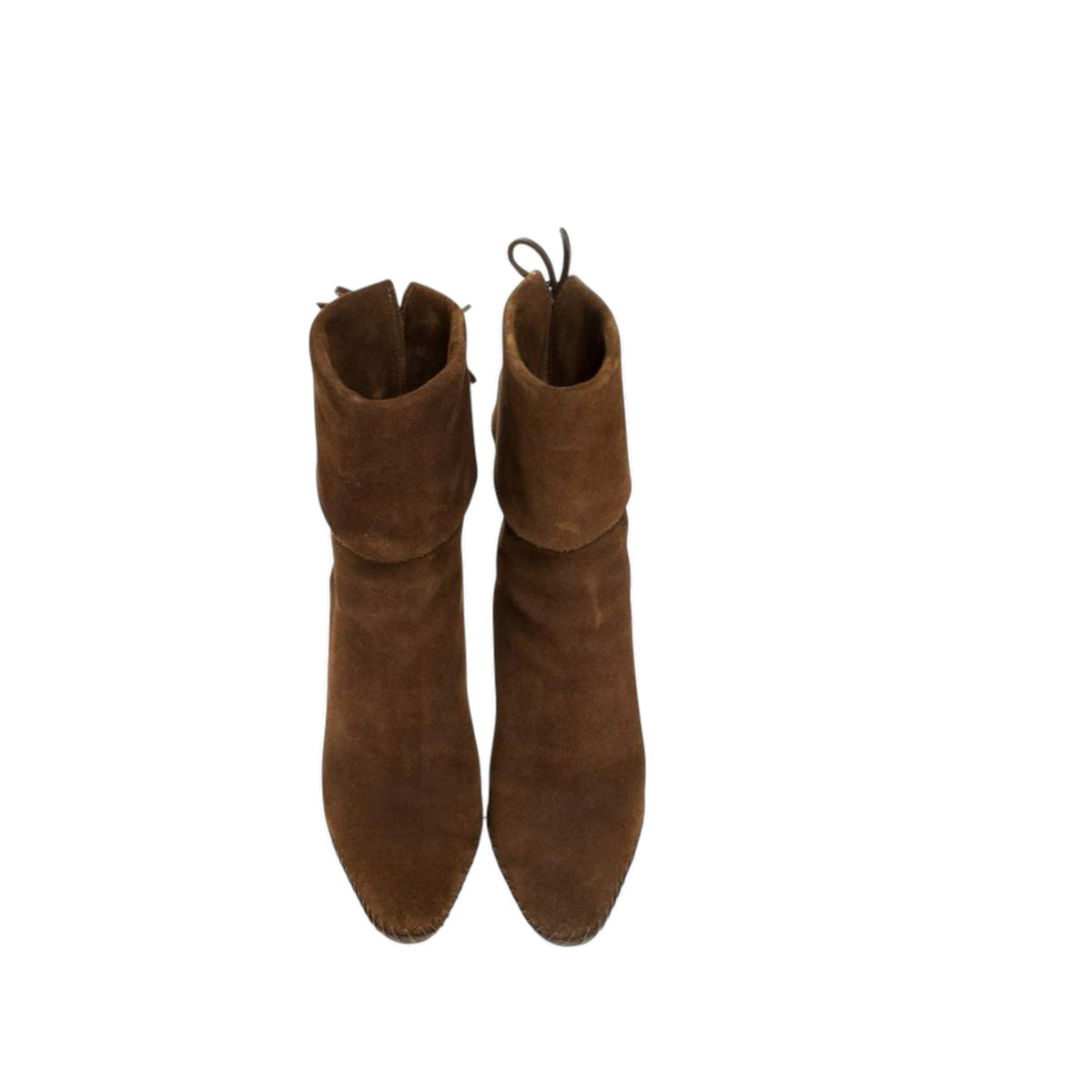 Fivedotsvintage brown suede Gucci ankle boots with fold-over cuffs, back lace-up closure, and pointed-toe silhouette.