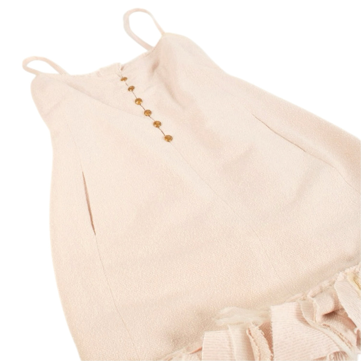 Fivedotsvintage CHANEL pastel pink tweed mini dress with spaghetti straps, gold CC buttons, and a ruffled hem.