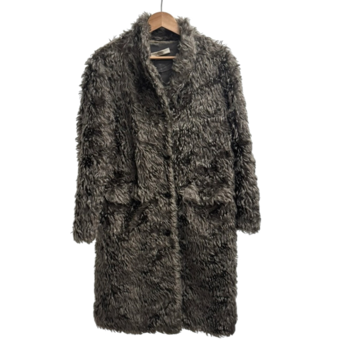 Fivedotsvintage charcoal grey long faux fur coat with a shaggy textured finish and classic silhouette