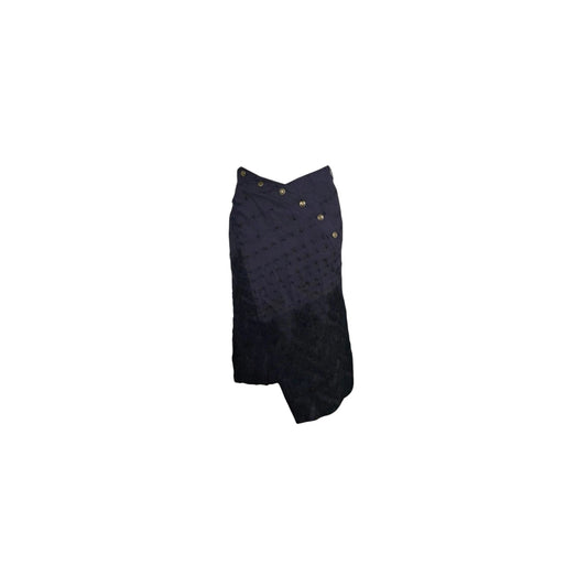 Fivedotsvintage Christian Dior black asymmetrical midi skirt with metallic button details and textured fabric finish.