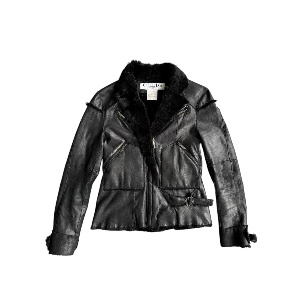 Fivedotsvintage Christian Dior Boutique black leather jacket with plush fur collar and silver hardware details.