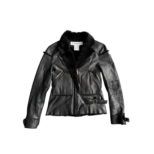 Fivedotsvintage Christian Dior Boutique black leather jacket with plush fur collar and silver hardware details.
