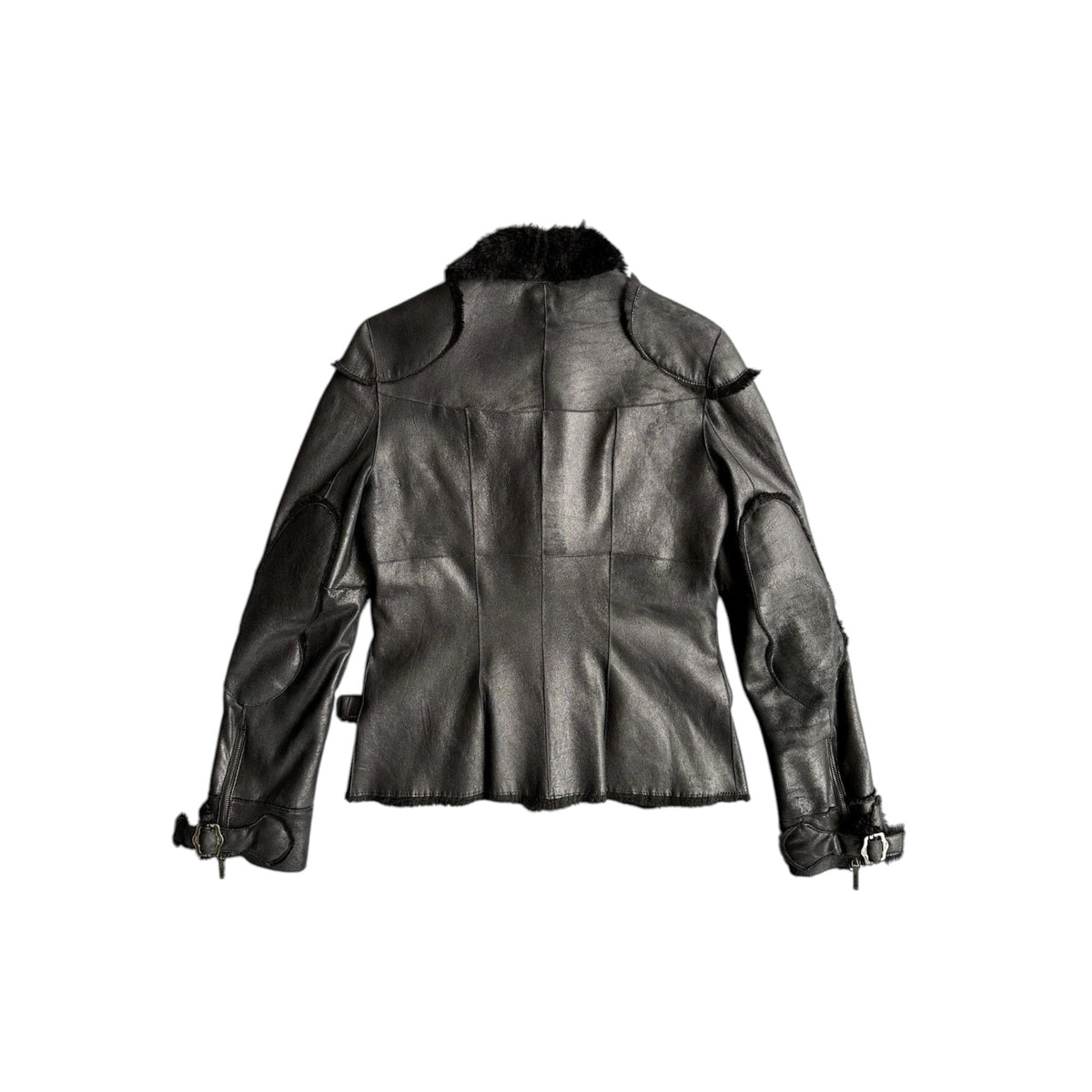 Fivedotsvintage Christian Dior Boutique black leather jacket with fur collar and reinforced elbow patches, back view.