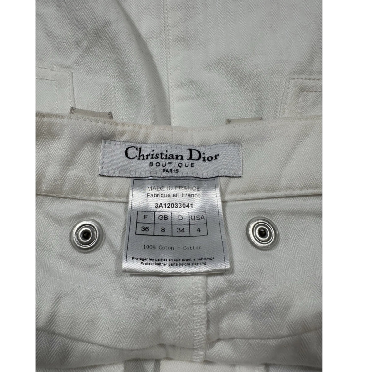 Fivedotsvintage Christian Dior Boutique white cotton denim mini skirt label with size and origin details