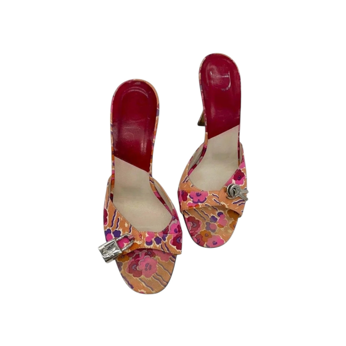 Fivedotsvintage Christian Dior floral print fabric mules with silver padlock hardware and red leather insoles