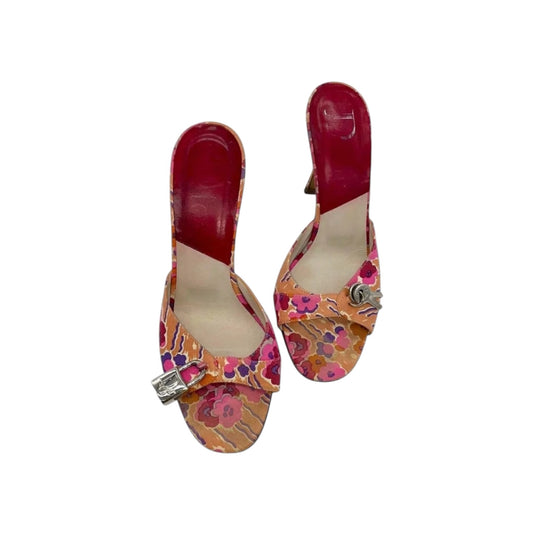 Fivedotsvintage Christian Dior floral print fabric mules with silver padlock hardware and red leather insoles