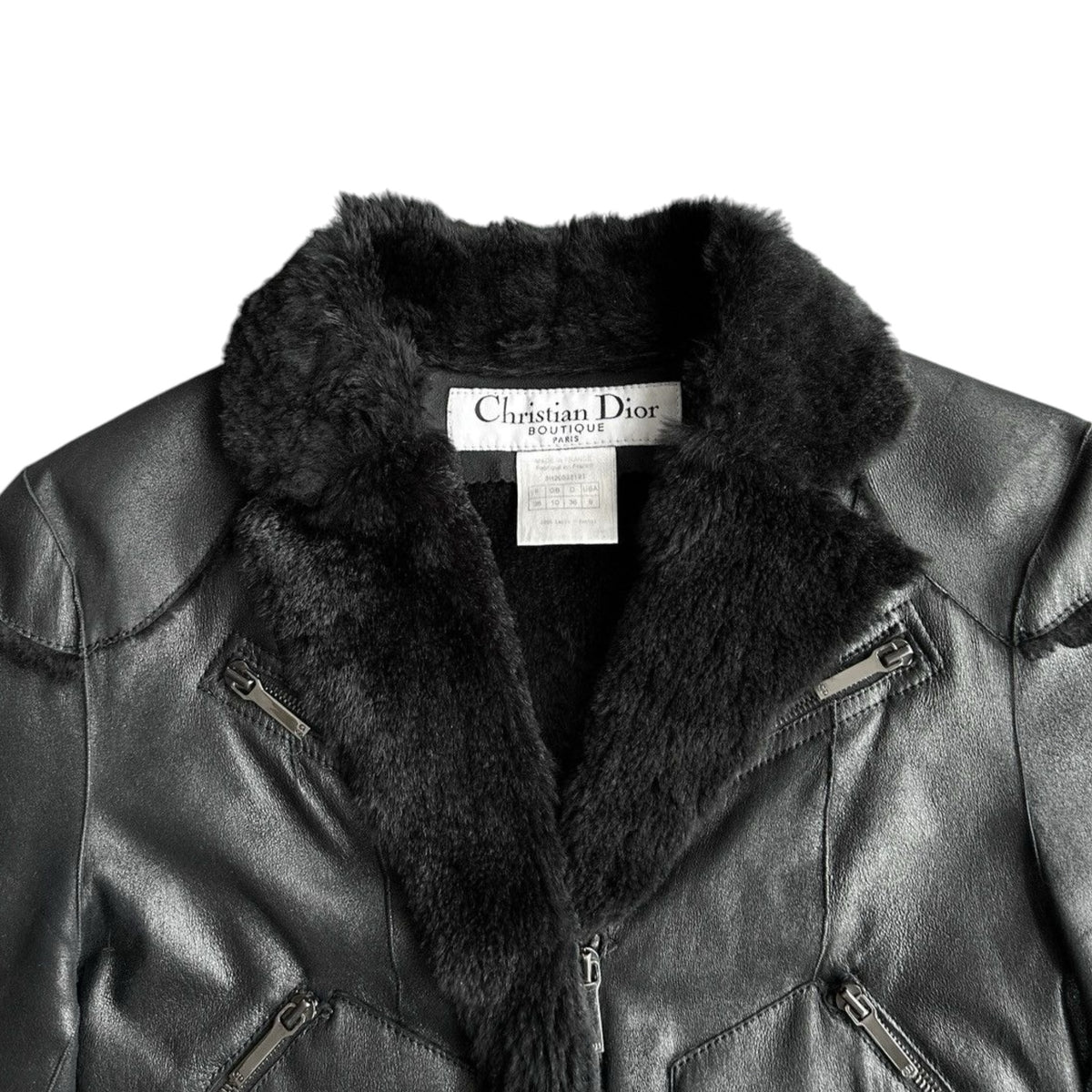 Fivedotsvintage Christian Dior Boutique black leather jacket with plush fur collar and silver zipper details