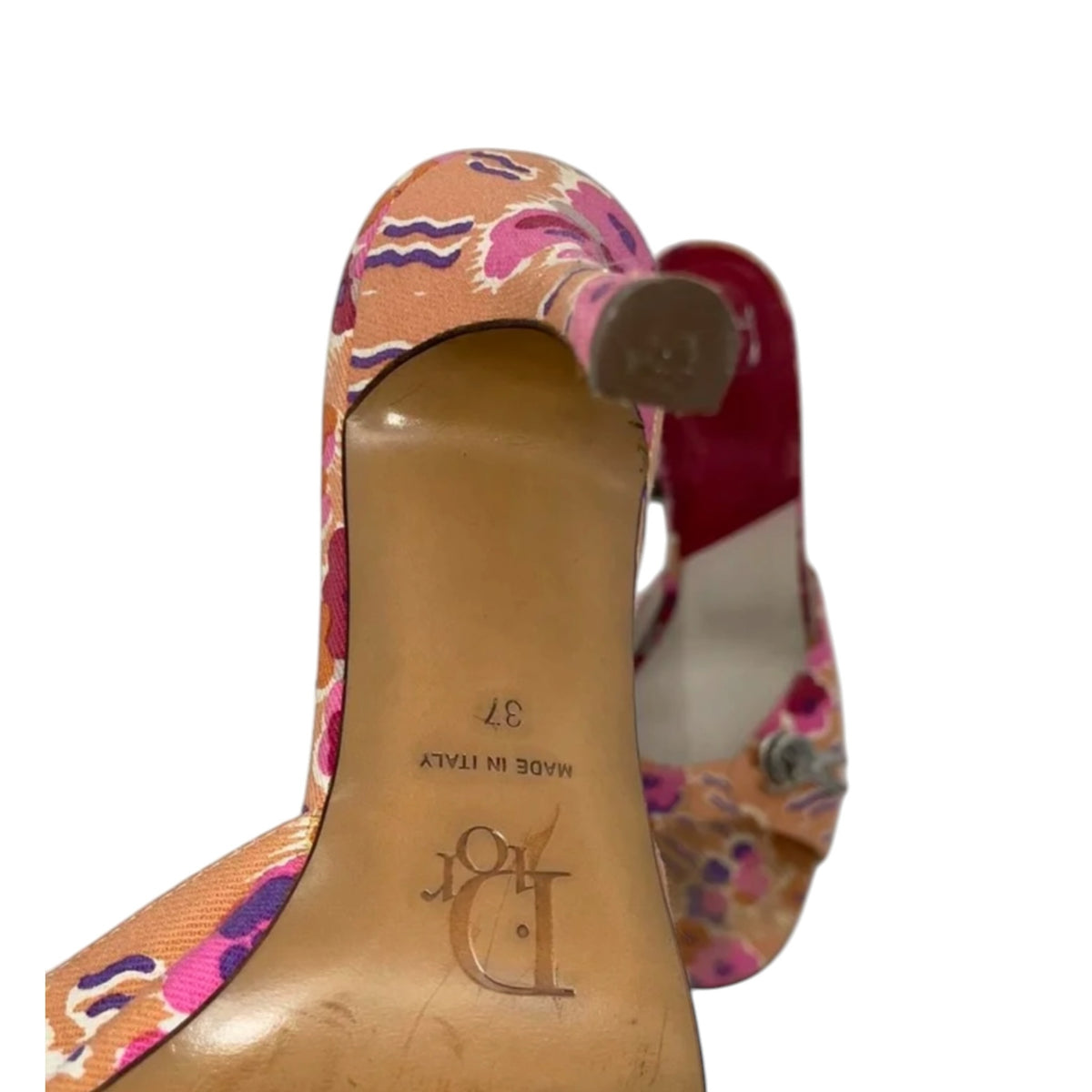 Fivedotsvintage Christian Dior floral fabric mules with mid-heel and red leather insole, made in Italy.
