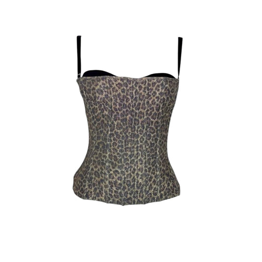 Fivedotsvintage Dolce & Gabbana vintage corset top in metallic leopard print with black adjustable straps.