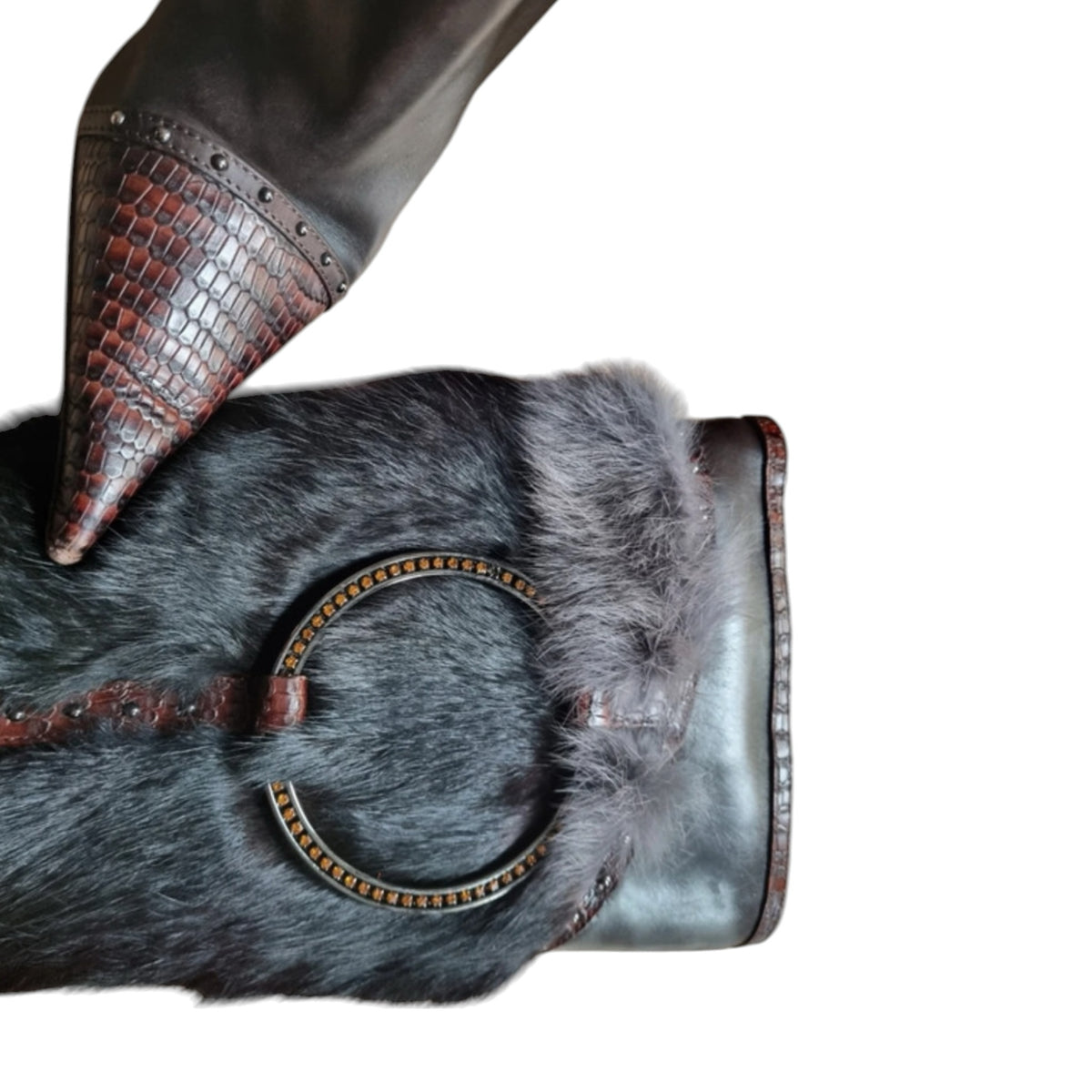 Fivedotsvintage El Dantes knee-high boots in dark leather with crocodile texture, fur trim, and metallic ring detail.