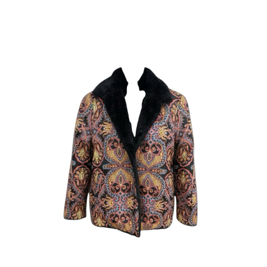 Fivedotsvintage ETRO jacket featuring a vibrant paisley pattern in orange and blue with a black faux fur collar.