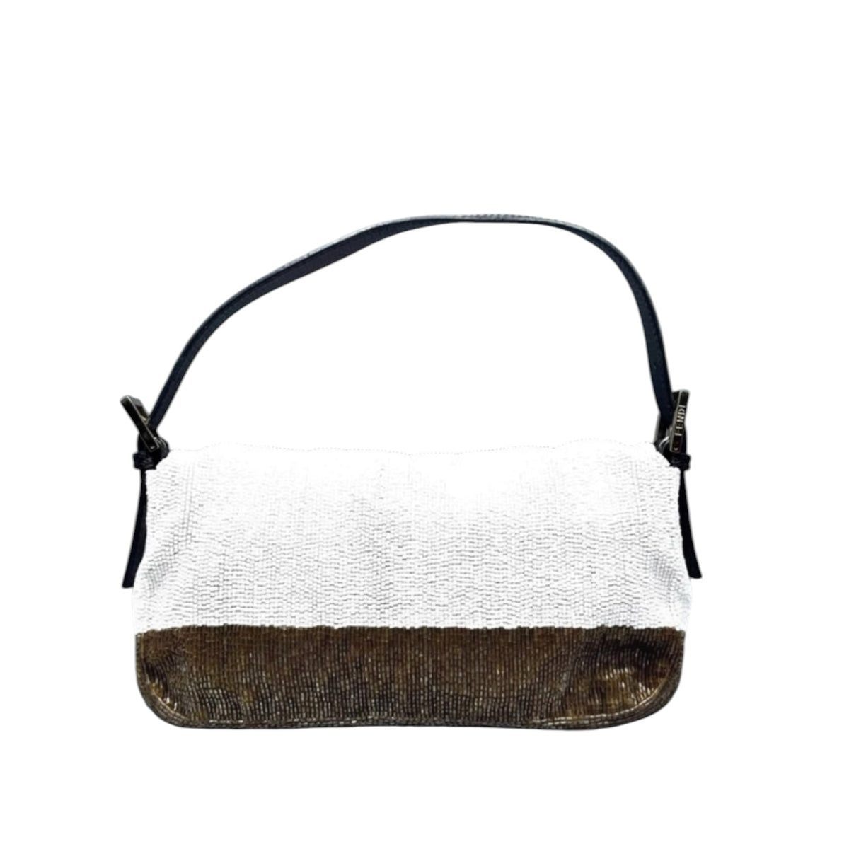 Fivedotsvintage Fendi baguette shoulder bag with white and bronze beadwork, black leather strap, and silver FF logo.
