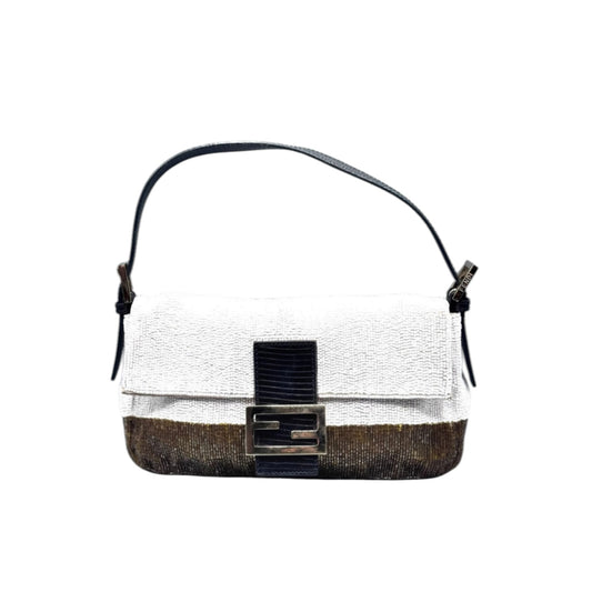 Fivedotsvintage Fendi baguette shoulder bag with white and bronze beadwork, black leather strap, and silver FF logo.