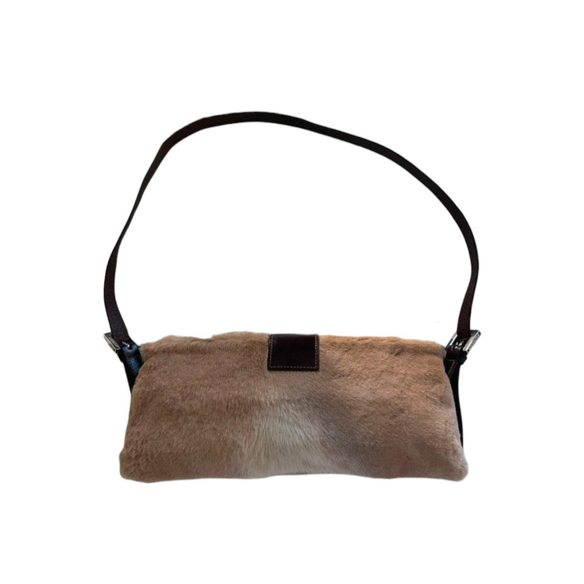 Fivedotsvintage Fendi baguette shoulder bag in beige fur with dark brown leather strap and logo hardware