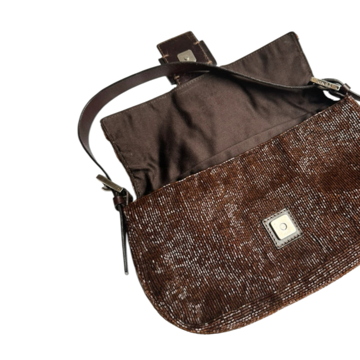 Fivedotsvintage FENDI brown beaded baguette shoulder bag with leather strap and magnetic closure, open view.