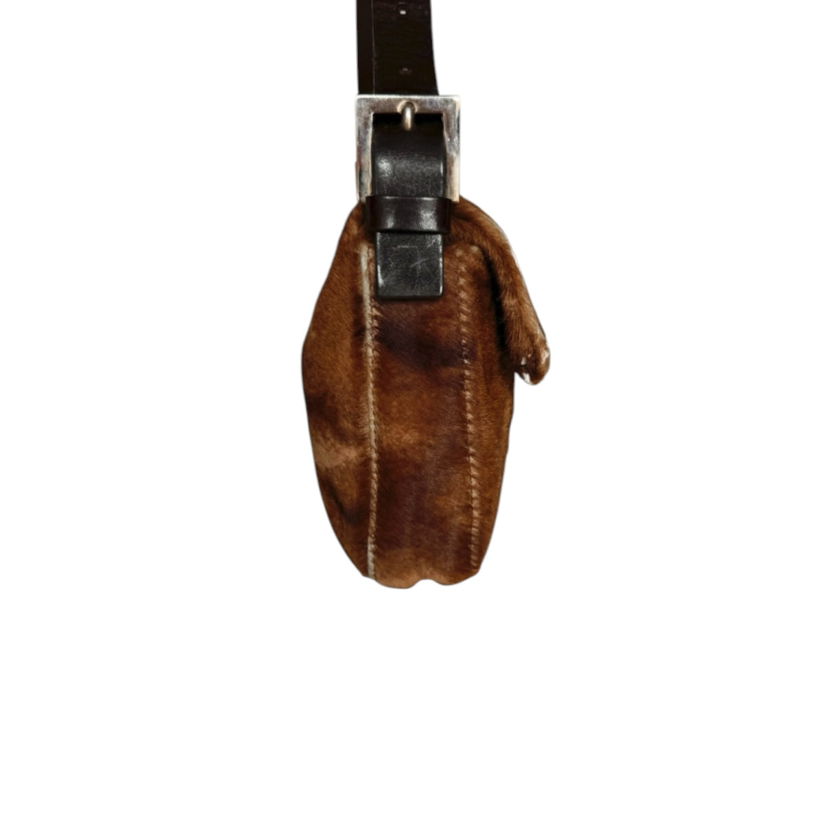 Fivedotsvintage FENDI vintage brown calf hair shoulder bag with dark leather strap and side profile view