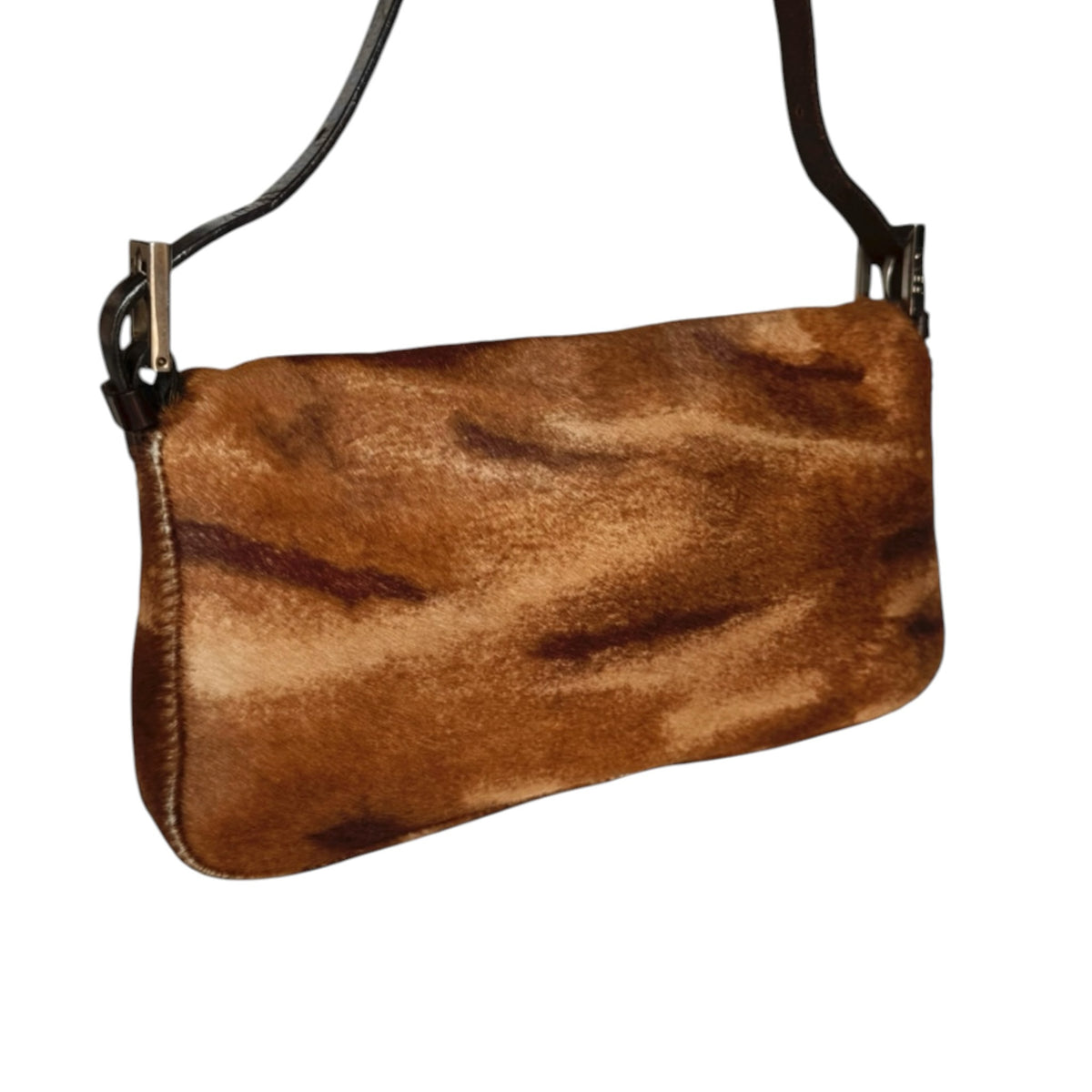 Fivedotsvintage FENDI vintage baguette shoulder bag in brown calf hair with dark leather strap and logo hardware