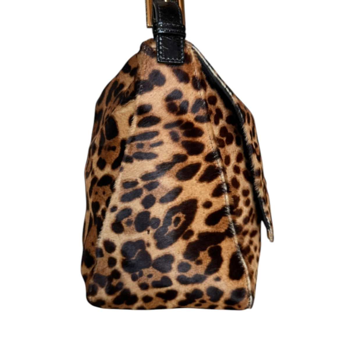Fivedotsvintage Fendi shoulder bag in leopard-print calf hair with black leather trim and polished hardware side view