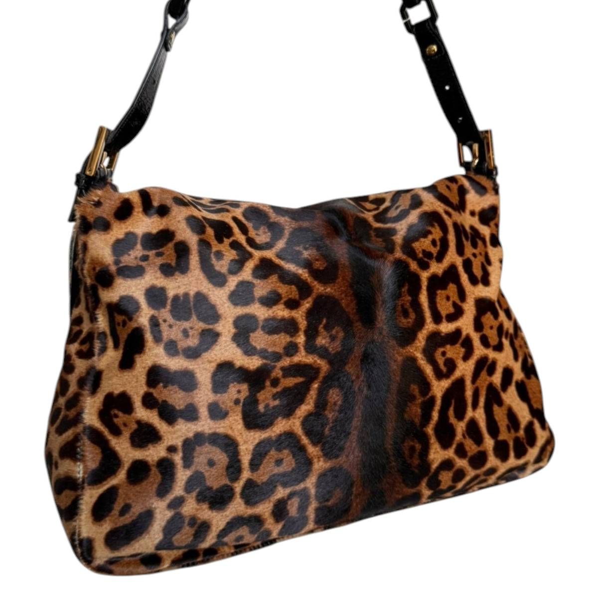 Fivedotsvintage Fendi shoulder bag in leopard-print calf hair with black leather strap and polished gold hardware.