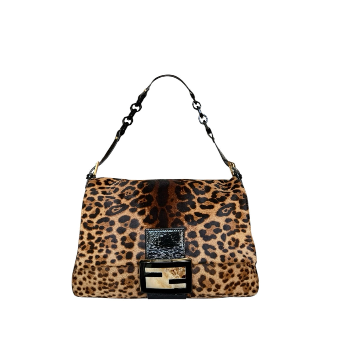 Fivedotsvintage Fendi shoulder bag in leopard-print calf hair with black leather accents and signature logo plaque.