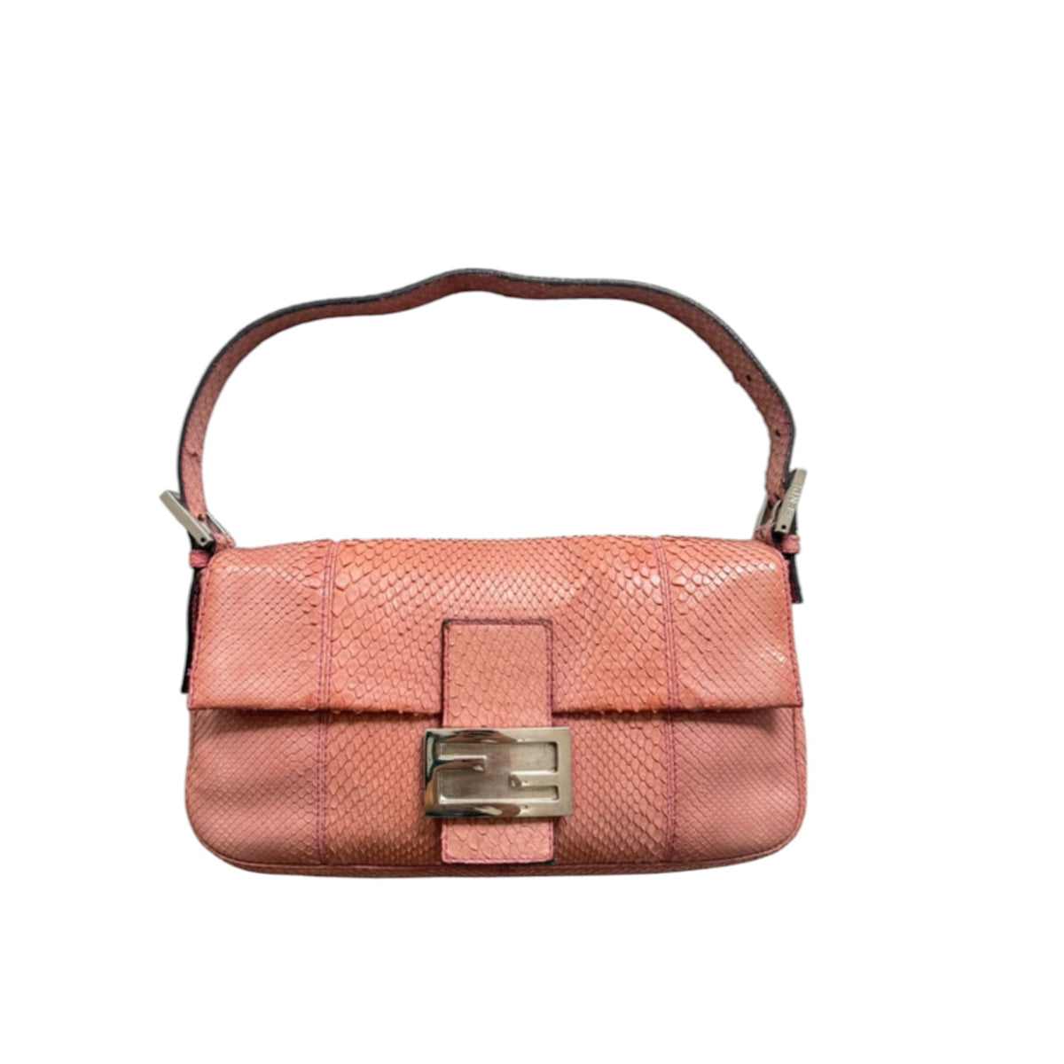 Fivedotsvintage FENDI pink snakeskin leather shoulder bag with silver-tone logo buckle and flap closure