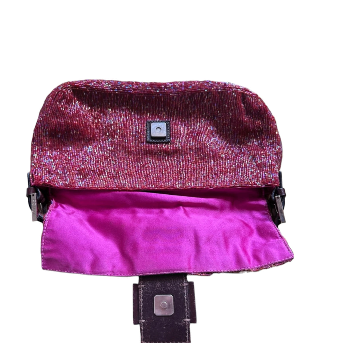 Fivedotsvintage FENDI beaded baguette shoulder bag in red with dark leather trim and vibrant pink satin interior