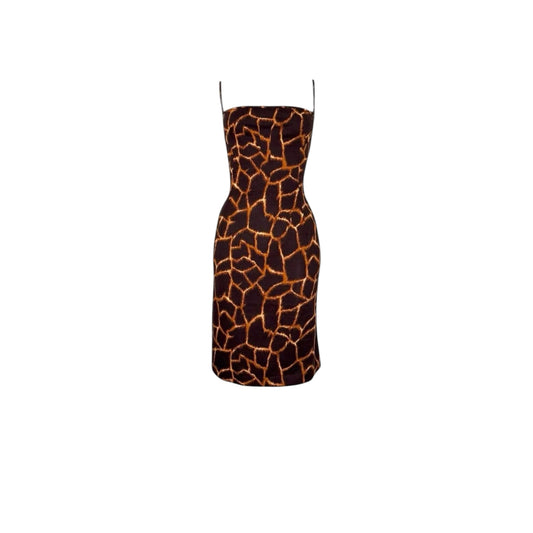 Fivedotsvintage Dolce & Gabbana midi dress featuring a brown and black giraffe animal print with spaghetti straps.