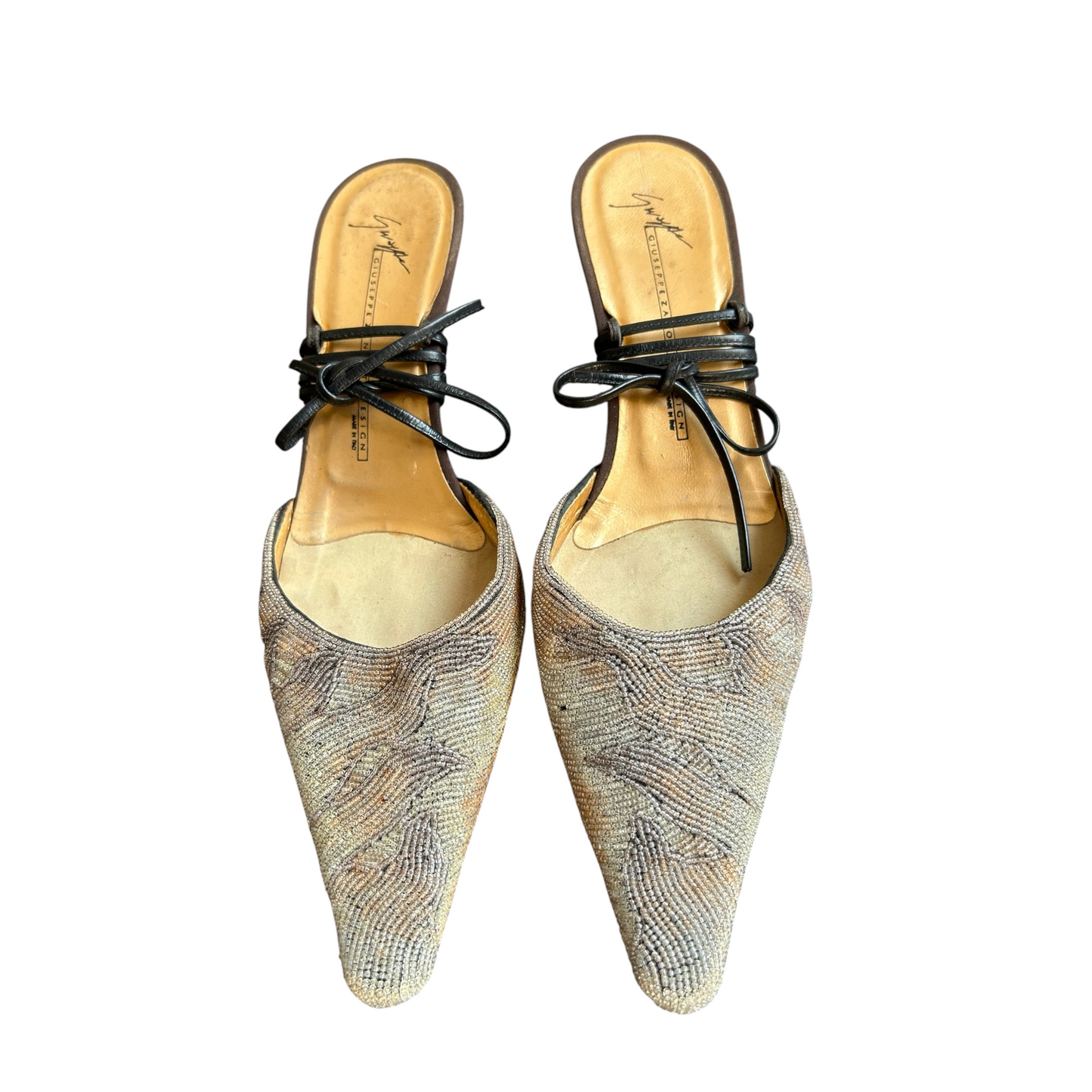 Fivedotsvintage Giuseppe Zanotti pointed toe kitten heel mules with intricate beadwork and black leather tie-up straps.