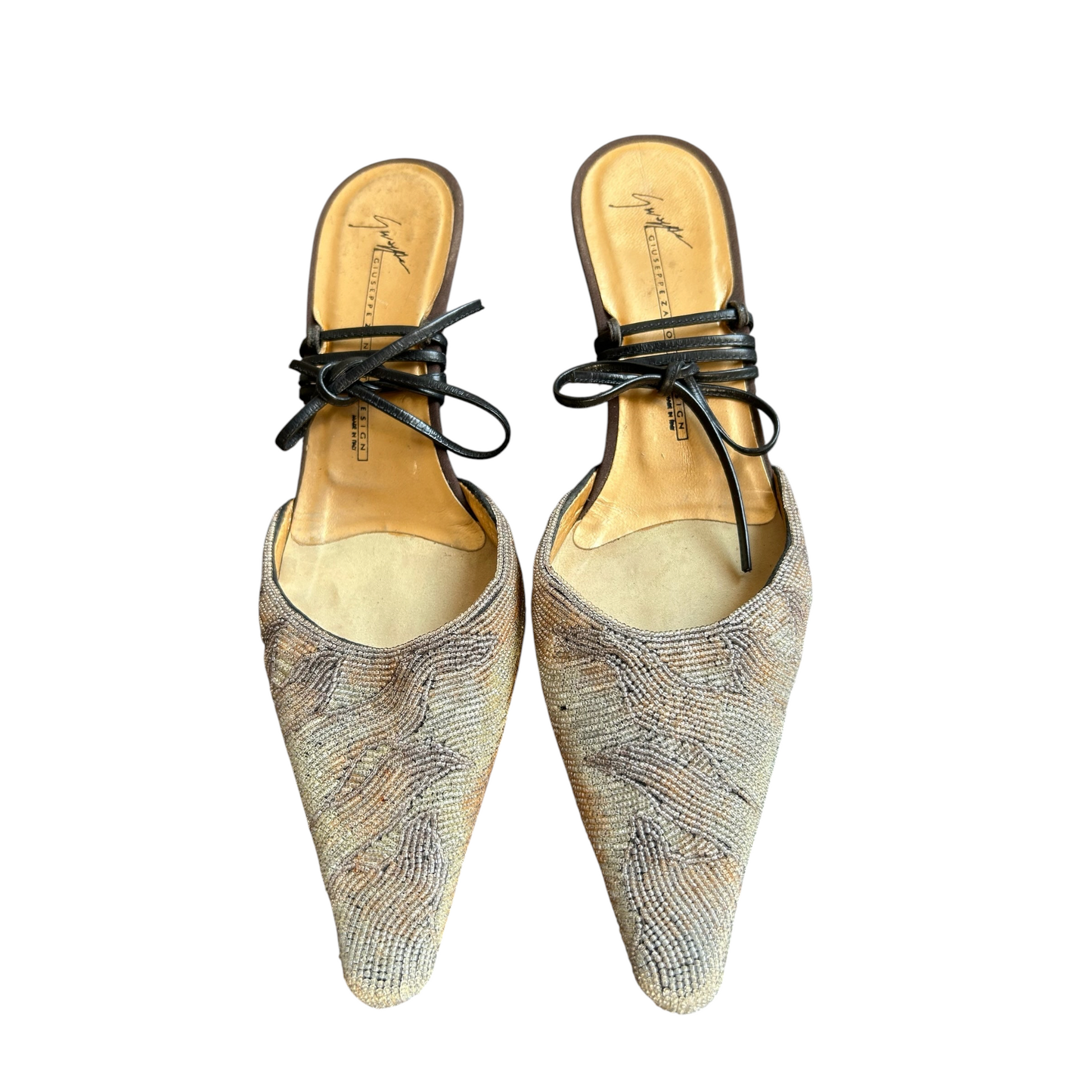 Fivedotsvintage Giuseppe Zanotti pointed toe kitten heel mules with intricate beadwork and black leather tie-up straps.