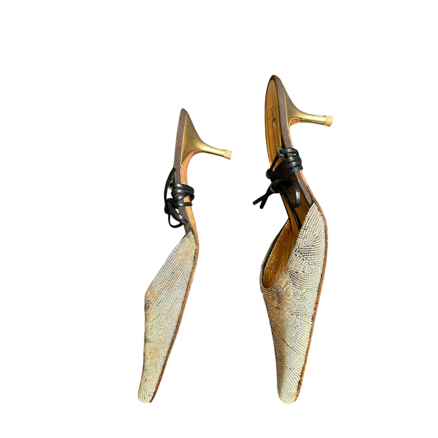 Fivedotsvintage Giuseppe Zanotti pointed toe kitten heel mules with beaded upper and black leather ankle tie details.