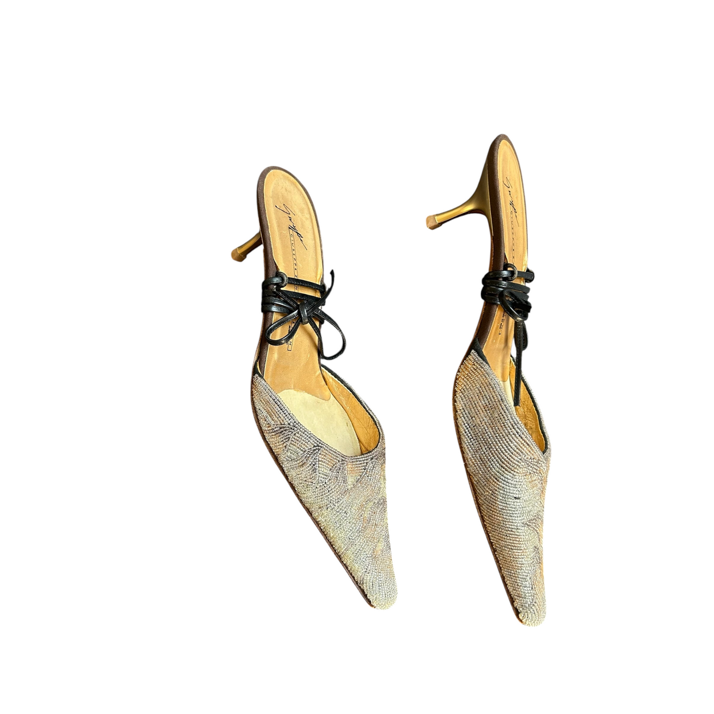 Fivedotsvintage Giuseppe Zanotti pointed-toe kitten heel mules with beaded uppers and black leather ankle tie details.